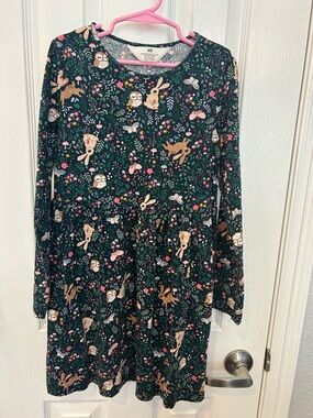 H&M Dark Green Woodland Print Long Sleeve Girls Dress